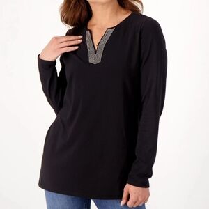 Belle by Kim Gravel Triple Luxe Knit Beaded V-Neck Tunic, Black, Small, NWOT